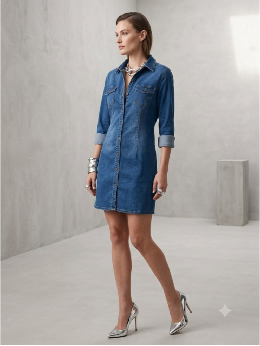 C'est Toi Denim Shirt Dress Womens Large L Blue Button Up Mini 3/4 Sleeve Cotton
